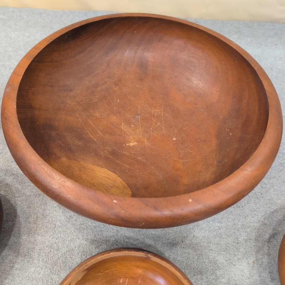 Vintage Mid Century Modern Solid Wood Salad Bowl Set 6 Piece Brown MCM - Picture 3 of 8